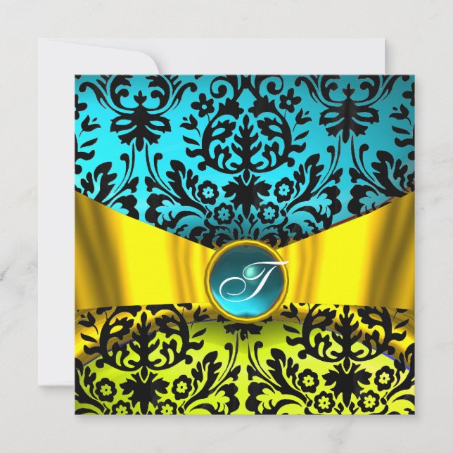 INVITATION RUBAN OR JAUNE BLEU TURQUOISE NOIR DAMAS MONOGRAMM (Devant)