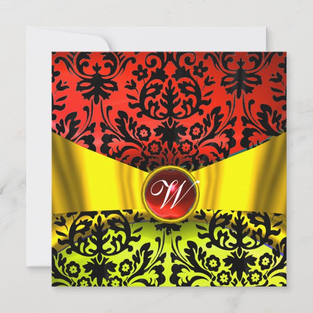 INVITATION RUBAN OR JAUNE DAMAS ROUGE NOIR MONOGRAMME (Devant)