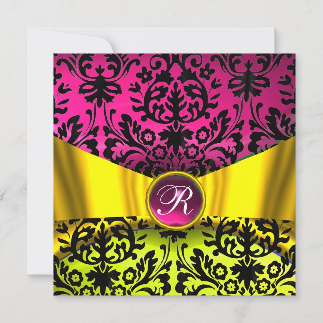 INVITATION RUBAN OR JAUNE FUCHSIA NOIR DAMAS MONOGRAMME (Devant)