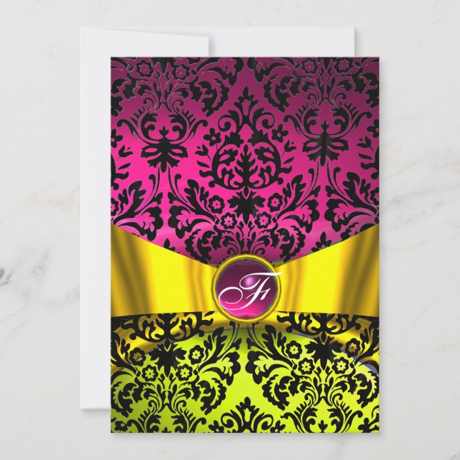 INVITATION RUBAN OR JAUNE FUCHSIA NOIR DAMAS MONOGRAMME (Devant)