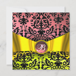 INVITATION RUBAN OR JAUNE NOIR ROSE DAMAS MONOGRAMME
