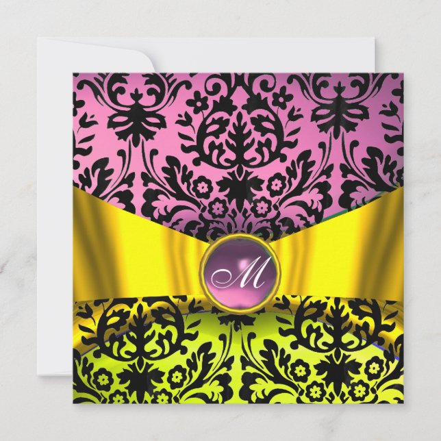INVITATION RUBAN OR JAUNE ROSE NOIR DAMAS MONOGRAMME (Devant)