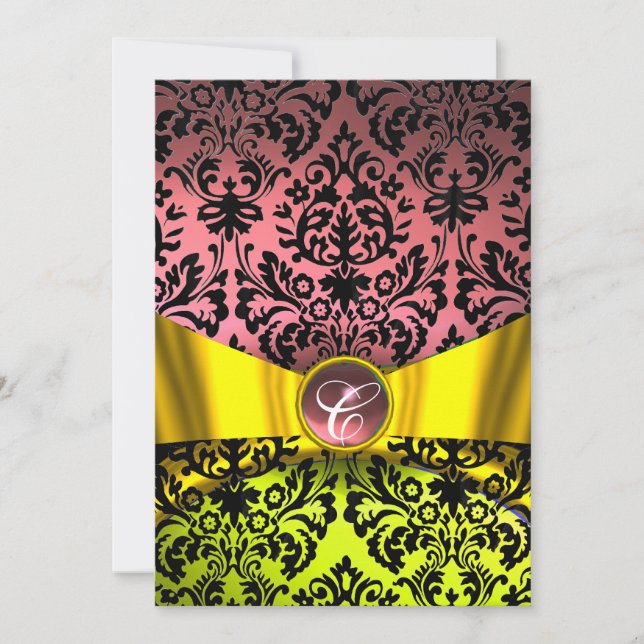INVITATION RUBAN OR JAUNE ROSE NOIR DAMAS MONOGRAMME (Devant)