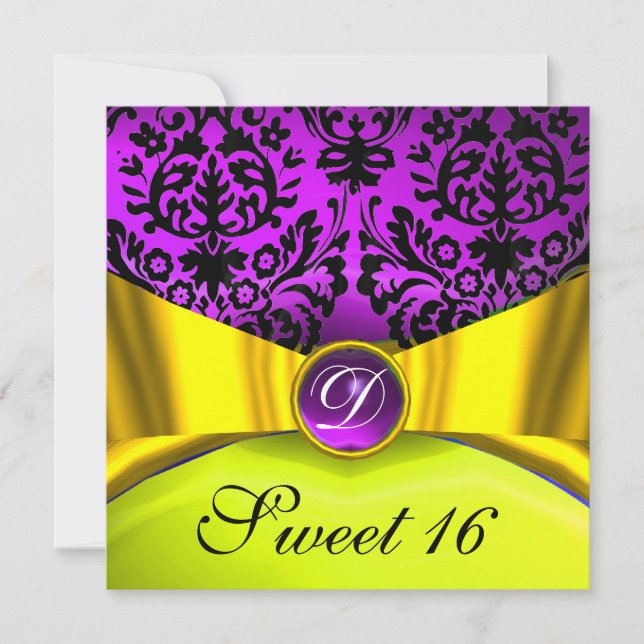INVITATION RUBAN OR JAUNE VIOLET NOIR DAMAS MONOGRAMME (Devant)