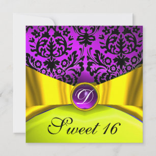 INVITATION RUBAN OR JAUNE VIOLET NOIR DAMAS MONOGRAMME