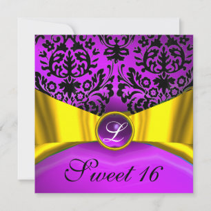 INVITATION RUBAN OR JAUNE VIOLET NOIR DAMAS MONOGRAMME