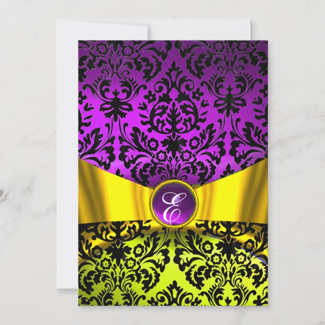 INVITATION RUBAN OR JAUNE VIOLET NOIR DAMAS MONOGRAMME (Devant)