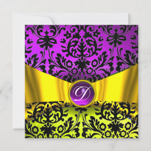 INVITATION RUBAN OR JAUNE VIOLET NOIR DAMAS MONOGRAMME