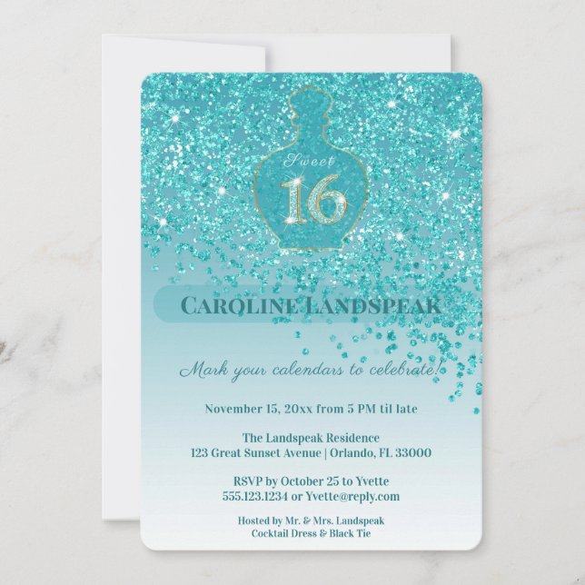 Invitation Ruban Pailleté Bleu Turquoise Parfum Azuré 16 Ans  (Devant)