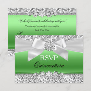 Invitation Ruban Pailleté Vert Citron Argent Quinceanera RSVP