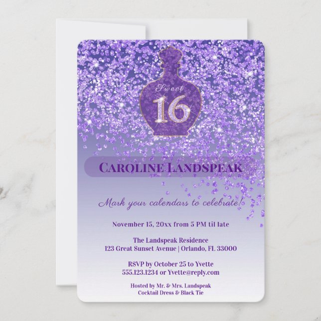 Invitation Ruban Pailleté Violet Parfum Améthyste Sweet 16 (Devant)