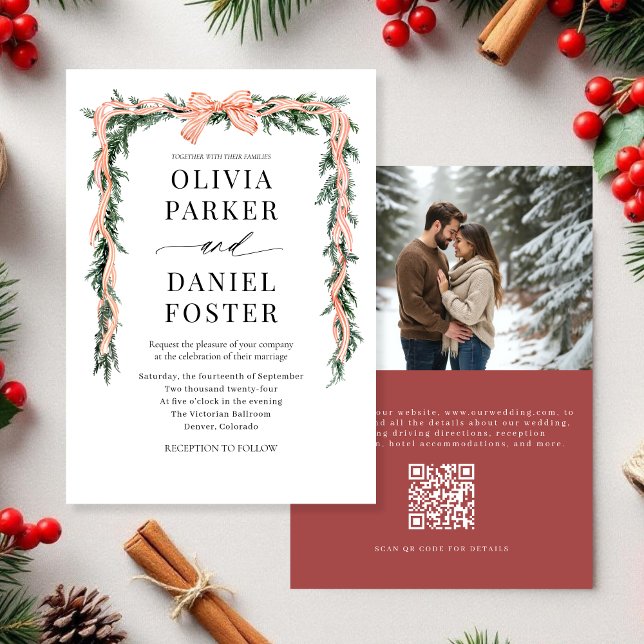 Invitation Ruban photo de verdure de Noël à code QR aquarelle (Créateur téléchargé)