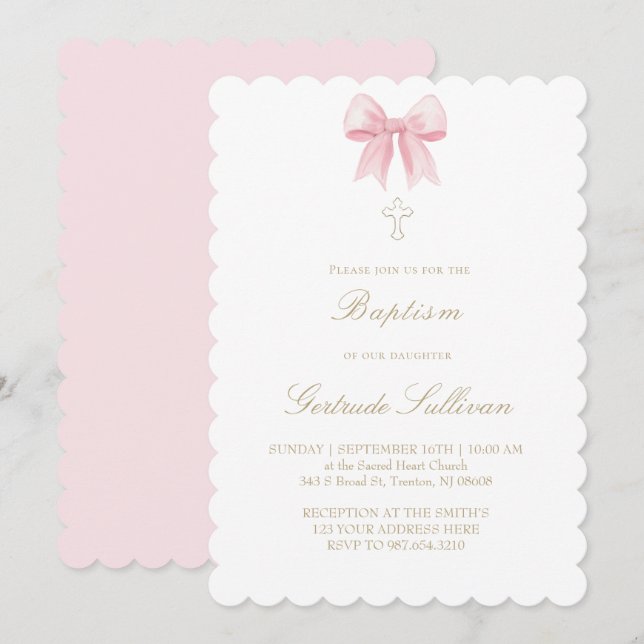 Invitation ruban rose aquarelle | Baptême (Devant / Derrière)