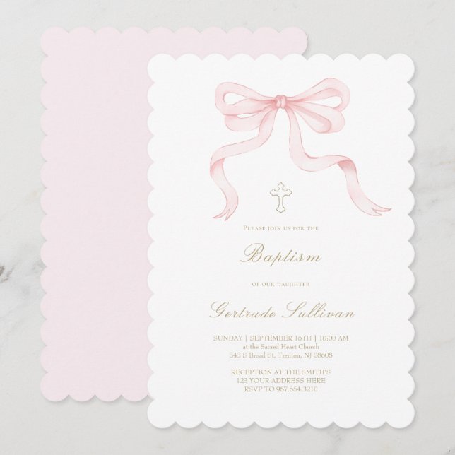Invitation ruban rose aquarelle | Baptême fille (Devant / Derrière)