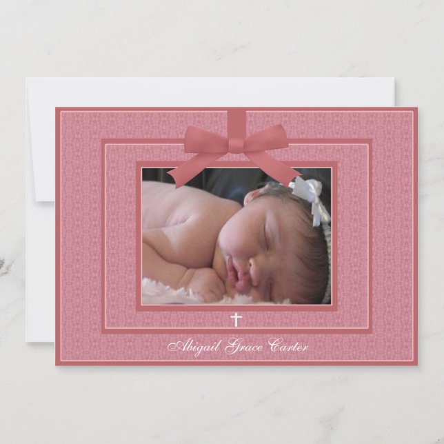 Invitation Ruban rose bébé fille photo baptême (Devant)