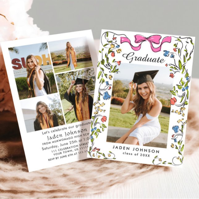Invitation Ruban rose branché 5 PHOTO de la soirée de graduat (Créateur téléchargé)