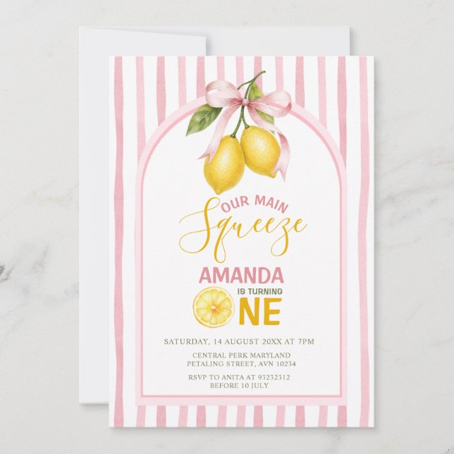 Invitation Ruban Rose Citron Sweet One anniversaire Main Sque (Devant)