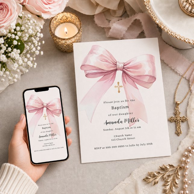 Invitation Ruban rose crème baptême fille (Créateur téléchargé)