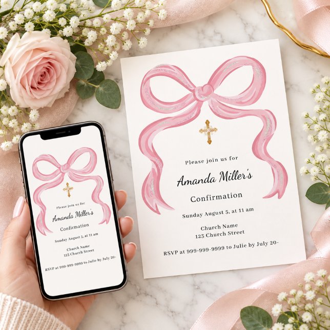 Invitation Ruban rose crème fille Confirmation (Créateur téléchargé)