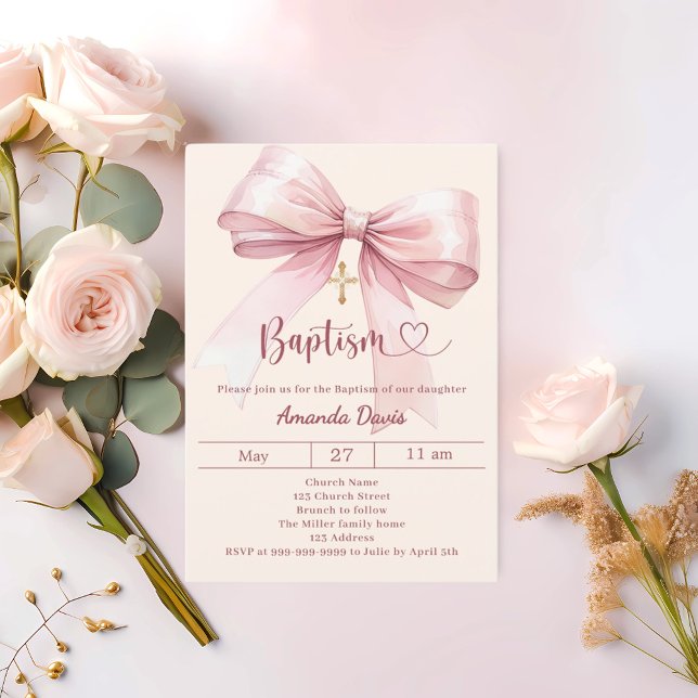 Invitation Ruban rose crème fille élégante Baptême (Créateur téléchargé)