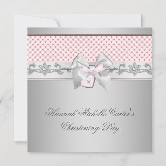 Invitation Ruban Rose Croix Filles Baptême Rose Baptême (Devant)