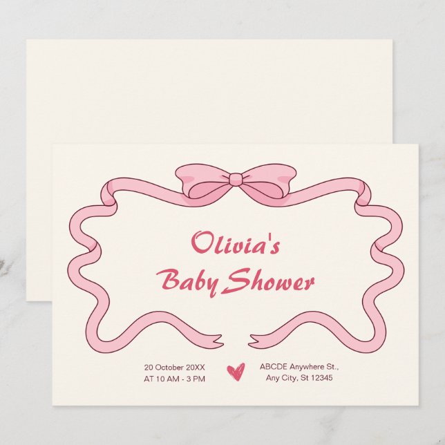 Invitation Ruban rose doux baby shower (Devant / Derrière)