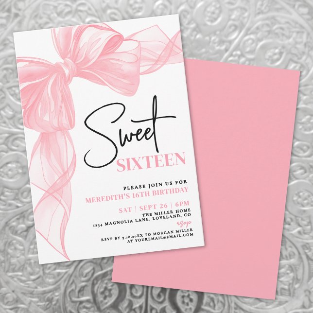 Invitation Ruban Rose Douze Ans  Anniversaire 16 Ans (Pink Bow Sweet Sixteen 16th Birthday Invitation)