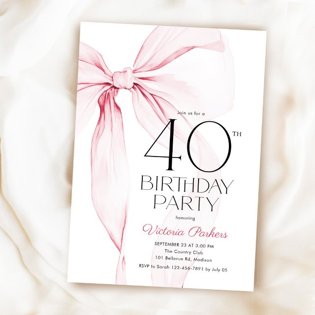 Invitation Ruban Rose Élégant Coquette 40e Anniversaire (Créateur téléchargé)