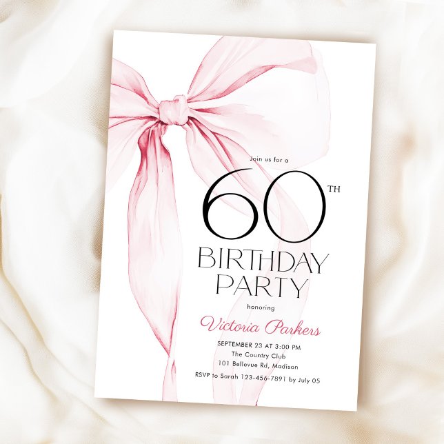 Invitation Ruban Rose Élégant Féminin 60e Anniversaire (Créateur téléchargé)