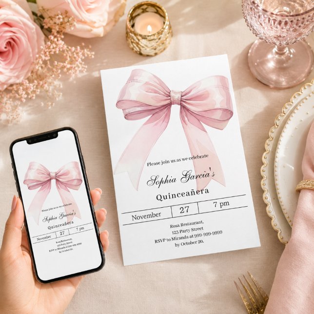 Invitation Ruban rose élégant Quinceanera (Créateur téléchargé)