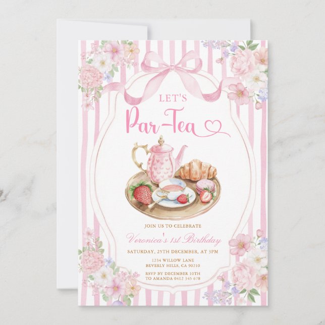 Invitation Ruban rose Faisons une fête de thé Fille Anniversa (Devant)