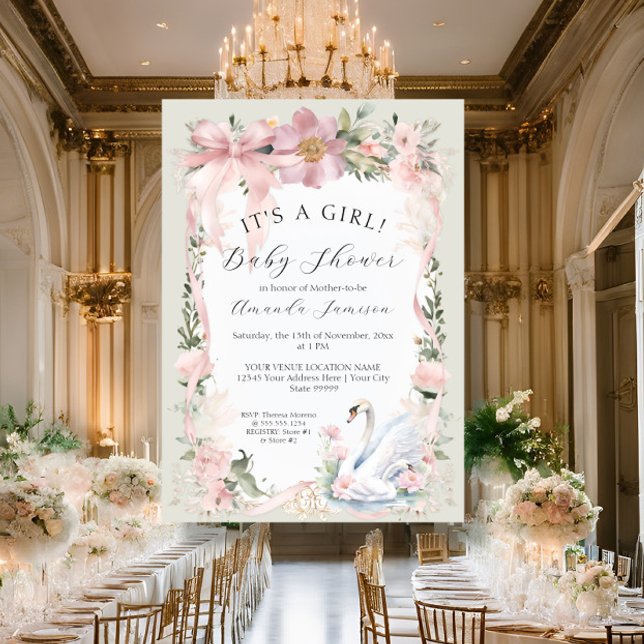 Invitation Ruban rose floral Élégant Baby shower cygne (Créateur téléchargé)
