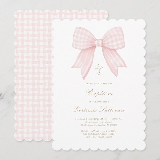 Invitation ruban rose gingham | Baptême (Devant / Derrière)