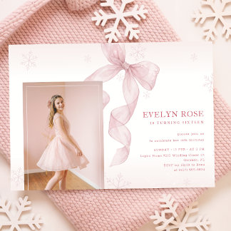 Invitation Ruban Rose Hiver Flocon de Neige Photo 16ème Anniv