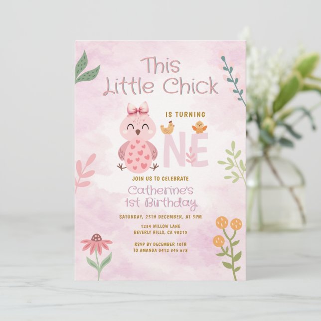 Invitation Ruban rose  Les petits poussins ont UN an  Anniver (Debout devant)