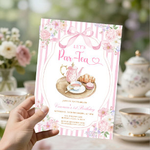 Invitation Ruban rose Let's Par-tea Fille Anniversaire Rayure