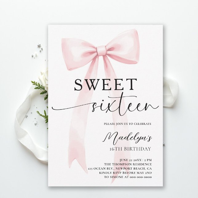 Invitation Ruban Rose Moderne Élégant Simple Chic Sweet 16 (sweet sixteen birthday party invitation pink bold bow simple classy script trendy fashion teen)