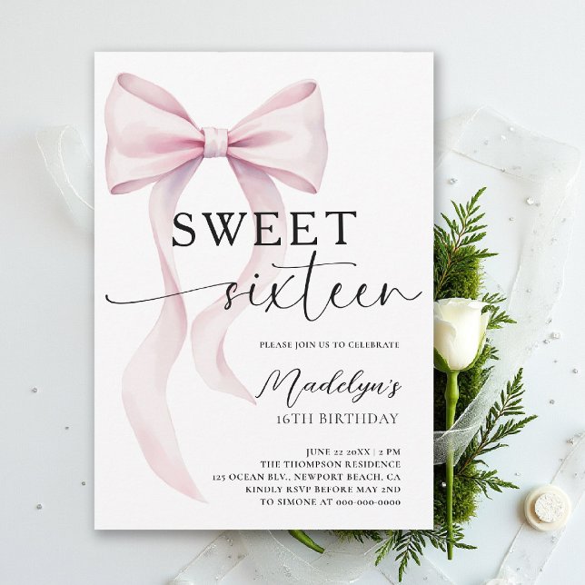 Invitation Ruban Rose Moderne Élégant Simple Classe Sweet 16 (sweet sixteen birthday party invitation pink bow simple classy script trendy fashion teen)