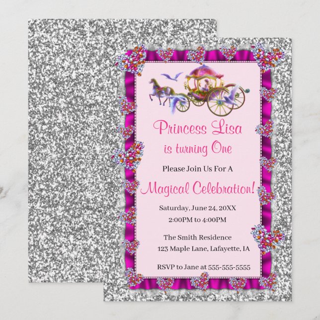 Invitation Ruban Rose Paillettes Argentées Anniversaire Princ (Devant / Derrière)