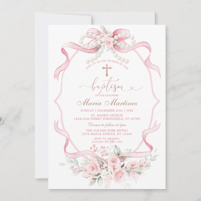 Invitation Ruban Rose Pâle Perle Floral Christening Baptême (Devant)
