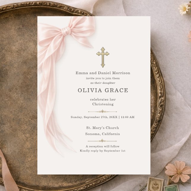 Invitation Ruban rose pour baptême  (Créateur téléchargé)