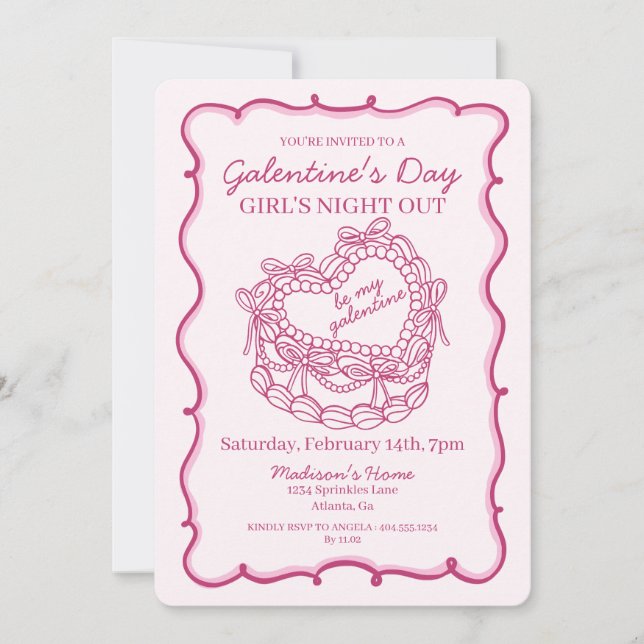 Invitation Ruban Rose Rétro Cœur Coquette Gâteau Galentine (Devant)