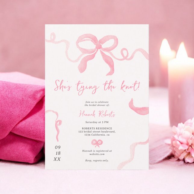 Invitation Ruban rose romantique à l'arc aquarelle douche nup (Romantic pink bow ribbon watercolor bridal shower invitation)