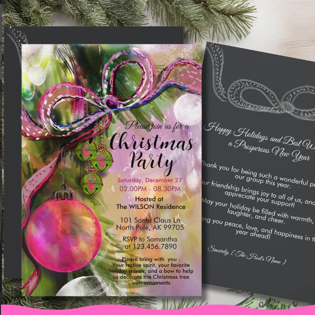 Invitation Ruban rose vif tendance gras Fête de Noël (Trendy Vivid Pink Bold Ribbon Christmas Party Invitation)