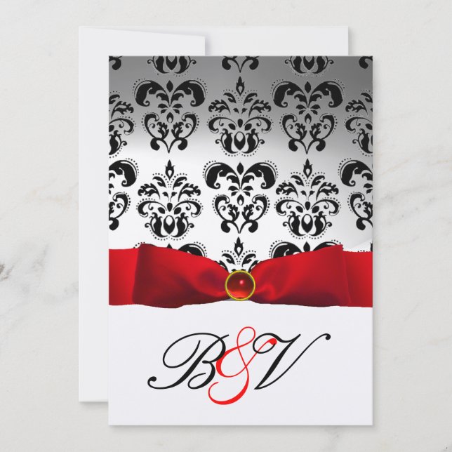 INVITATION RUBAN ROUGE ARGENT NOIR  DAMAS MONOGRAMME (Devant)