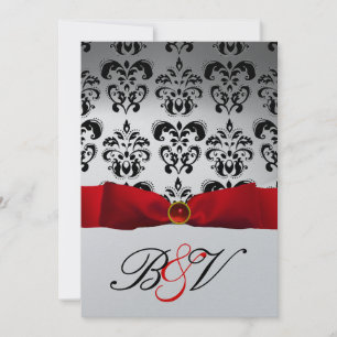 INVITATION RUBAN ROUGE ARGENT NOIR  DAMAS MONOGRAMME