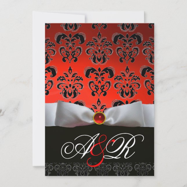 Invitation RUBAN ROUGE BLANC & MONOGRAMME EN DAMAS NOIR Rubis (Devant)