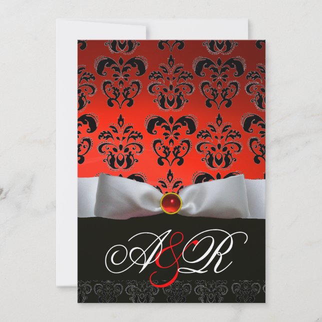 Invitation RUBAN ROUGE BLANC & MONOGRAMME EN DAMAS NOIR Ruby (Devant)