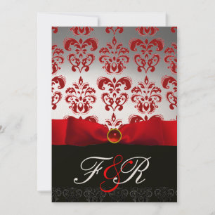 Invitation RUBAN ROUGE BLANC & MONOGRAMME EN DAMAS NOIR Ruby