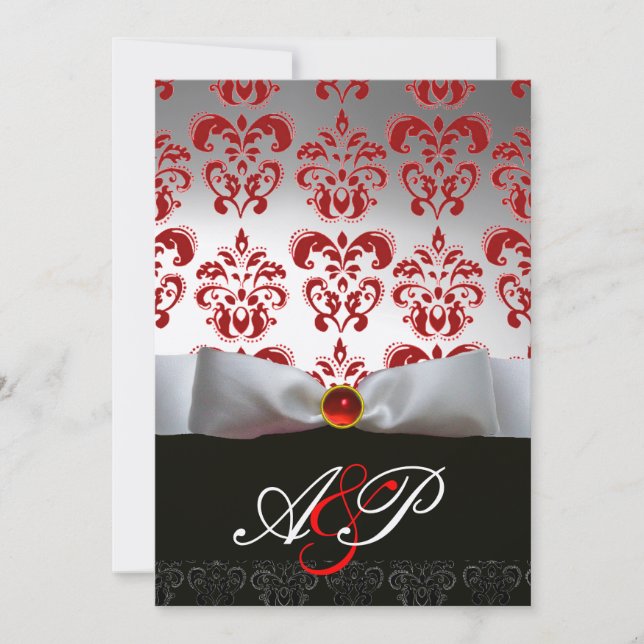 Invitation RUBAN ROUGE BLANC & MONOGRAMME EN DAMAS NOIR Ruby (Devant)